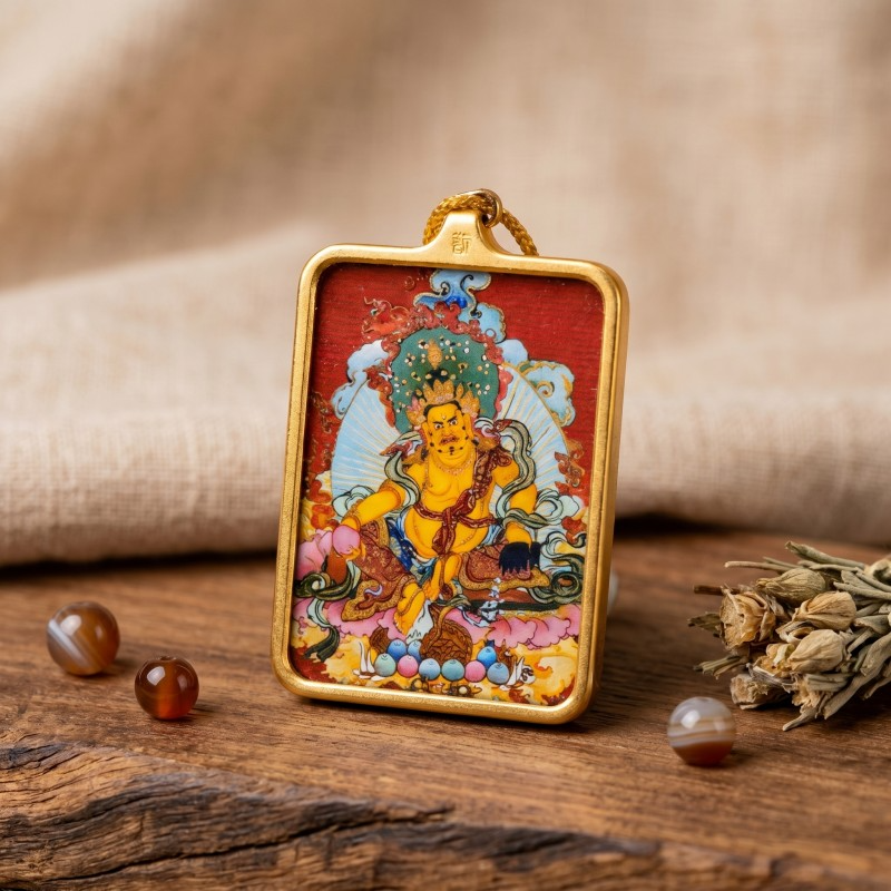 Yellow Jambhala Thangka Style Wall Art | Tibetan God of Wealth & Prosperity Decor thumbnail
