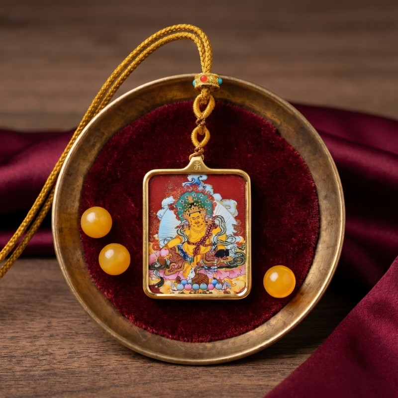 Yellow Jambhala Thangka Style Wall Art | Tibetan God of Wealth & Prosperity Decor thumbnail