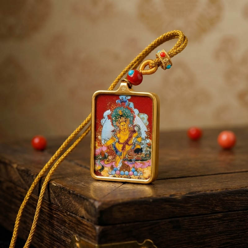 Yellow Jambhala Thangka Style Wall Art | Tibetan God of Wealth & Prosperity Decor thumbnail