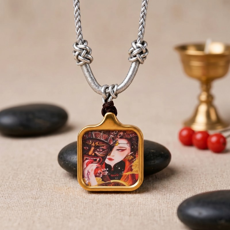 Yellow Jambhala (Traditional Style) Hand-Painted Thangka Pendant | God of Wealth & Prosperity Amulet thumbnail