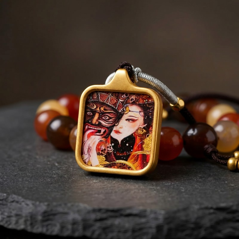 Yellow Jambhala (Traditional Style) Hand-Painted Thangka Pendant | God of Wealth & Prosperity Amulet thumbnail