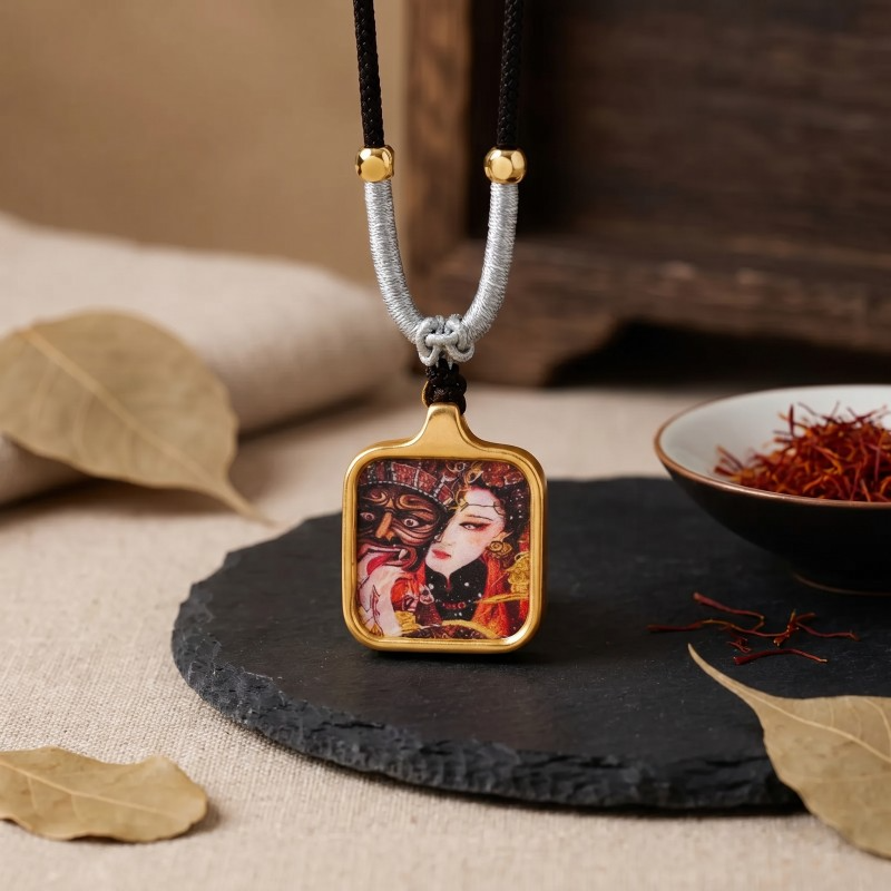 Yellow Jambhala (Traditional Style) Hand-Painted Thangka Pendant | God of Wealth & Prosperity Amulet thumbnail
