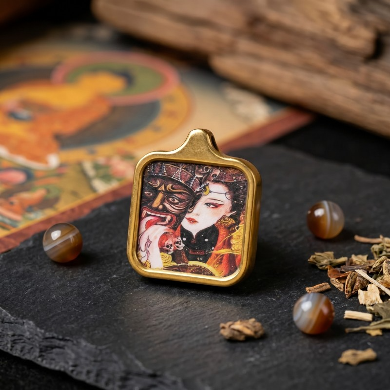 Yellow Jambhala (Traditional Style) Hand-Painted Thangka Pendant | God of Wealth & Prosperity Amulet thumbnail