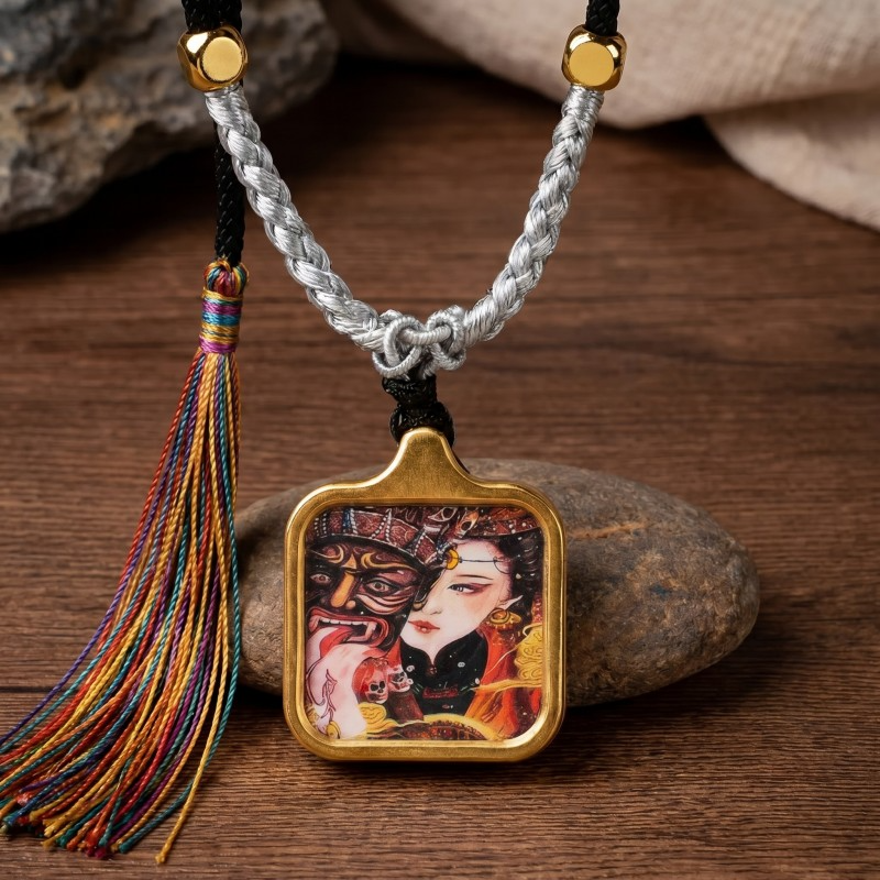Yellow Jambhala (Traditional Style) Hand-Painted Thangka Pendant | God of Wealth & Prosperity Amulet thumbnail