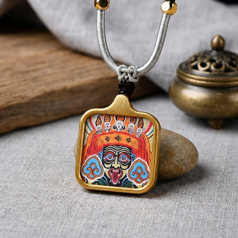 Zakiram Face Art Style Hand-Painted Thangka Pendant | Tibetan Wealth & Protection Goddess Amulet thumbnail
