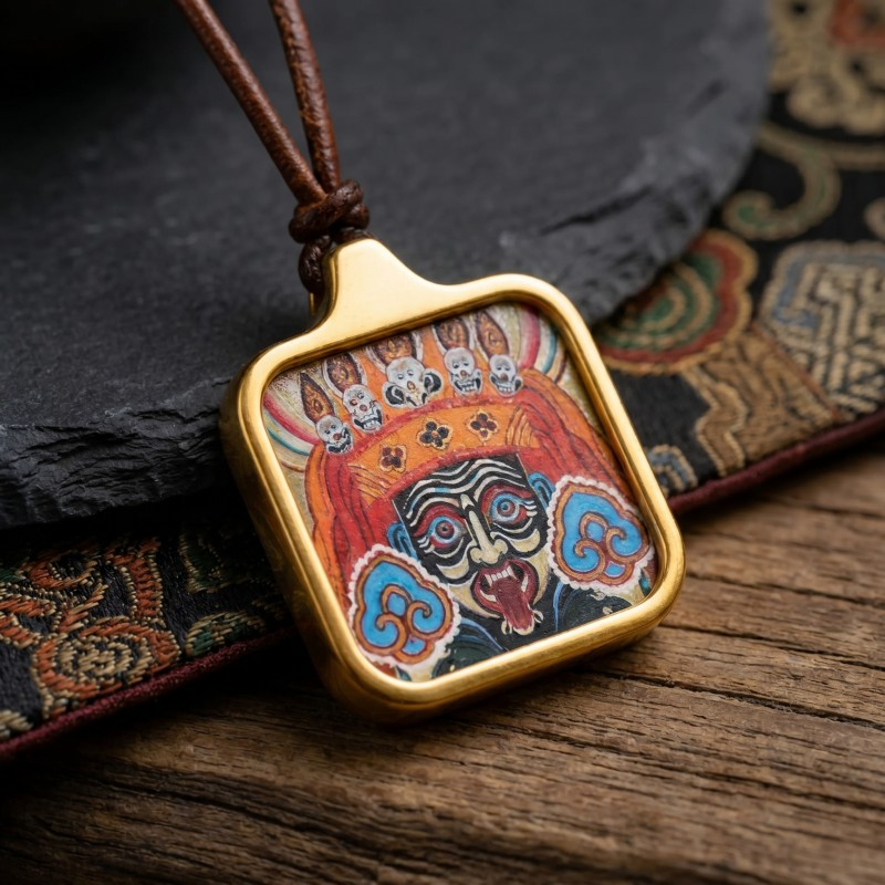 Zakiram Face Art Style Hand-Painted Thangka Pendant | Tibetan Wealth & Protection Goddess Amulet thumbnail