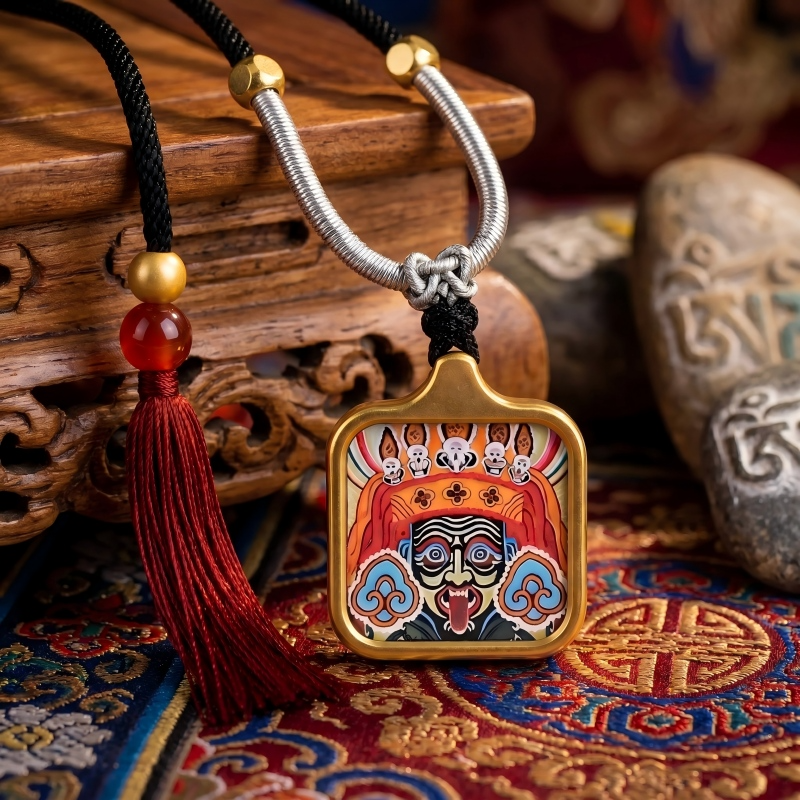 Zakiram Face Art Style Hand-Painted Thangka Pendant | Tibetan Wealth & Protection Goddess Amulet thumbnail