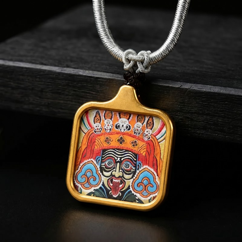 Zakiram Face Art Style Hand-Painted Thangka Pendant | Tibetan Wealth & Protection Goddess Amulet thumbnail
