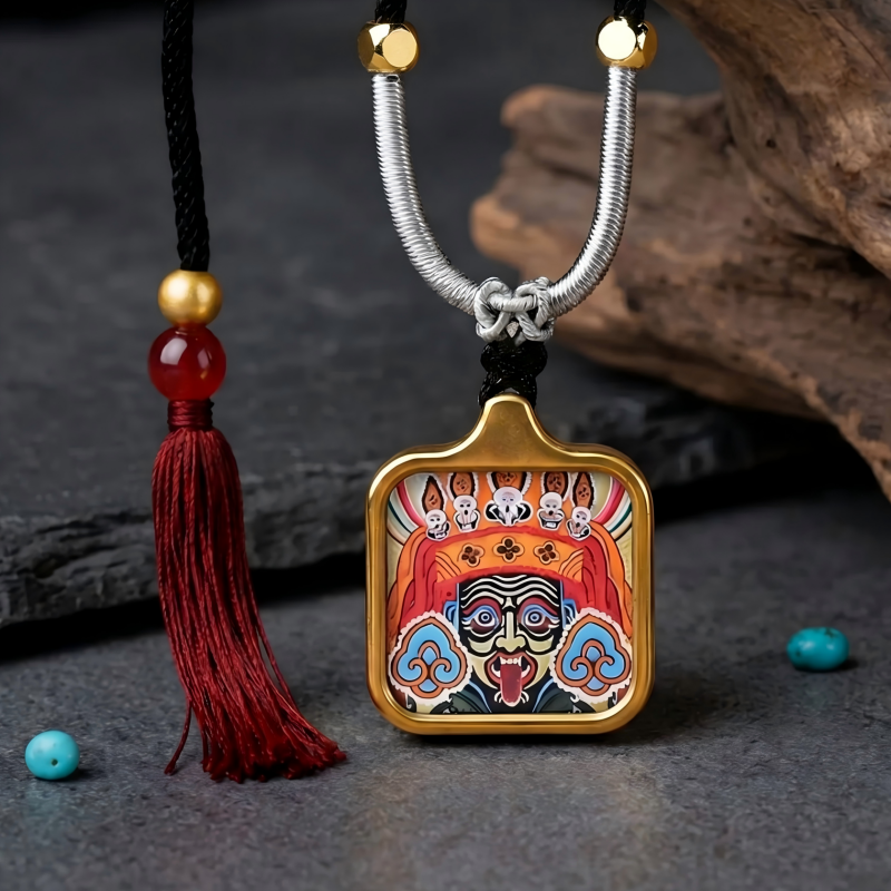 Zakiram Face Art Style Hand-Painted Thangka Pendant | Tibetan Wealth & Protection Goddess Amulet thumbnail