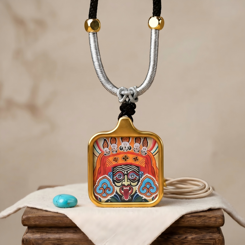 Zakiram Face Art Style Hand-Painted Thangka Pendant | Tibetan Wealth & Protection Goddess Amulet thumbnail