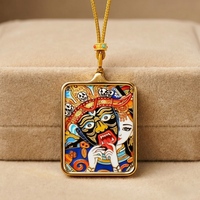 Zakiram (Half-Face Art Style) Hand-Painted Thangka Pendant | Tibetan Wealth & Protection Goddess Amulet thumbnail