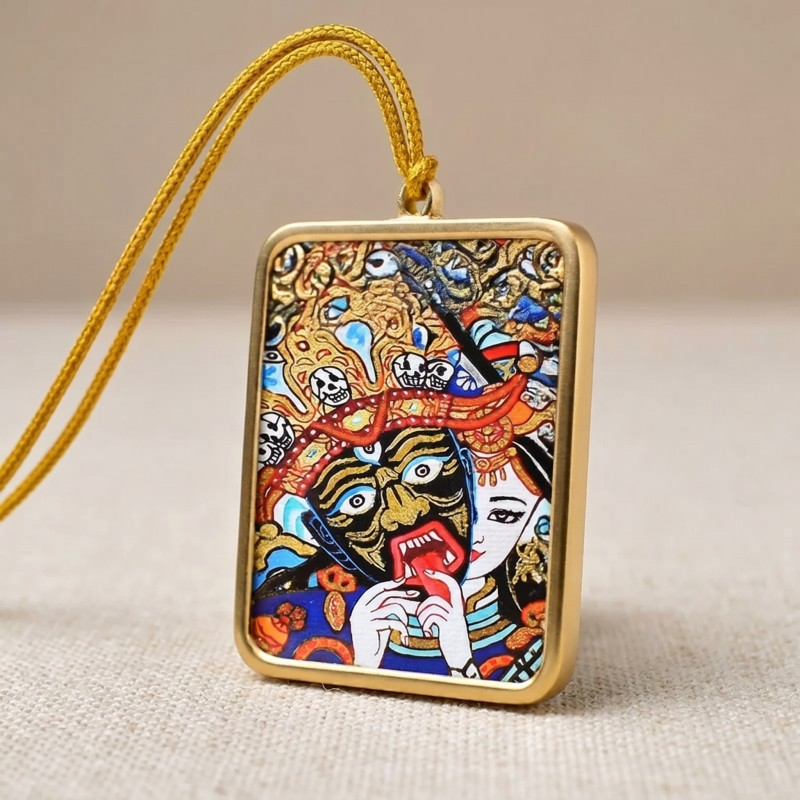 Zakiram (Half-Face Art Style) Hand-Painted Thangka Pendant | Tibetan Wealth & Protection Goddess Amulet thumbnail