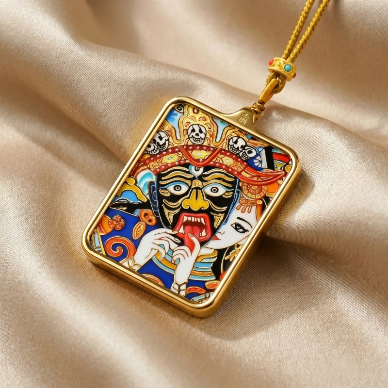 Zakiram (Half-Face Art Style) Hand-Painted Thangka Pendant | Tibetan Wealth & Protection Goddess Amulet thumbnail