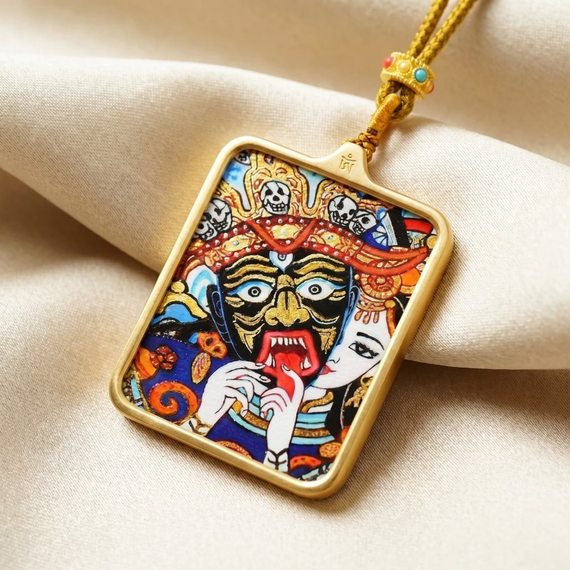 Zakiram (Half-Face Art Style) Hand-Painted Thangka Pendant | Tibetan Wealth & Protection Goddess Amulet thumbnail