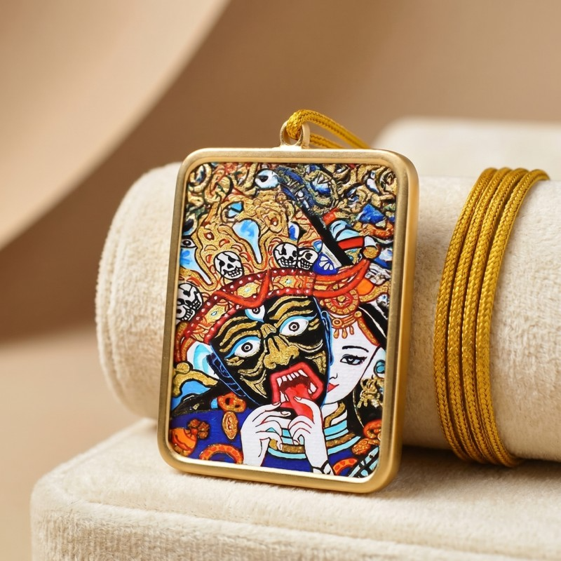 Zakiram (Half-Face Art Style) Hand-Painted Thangka Pendant | Tibetan Wealth & Protection Goddess Amulet thumbnail
