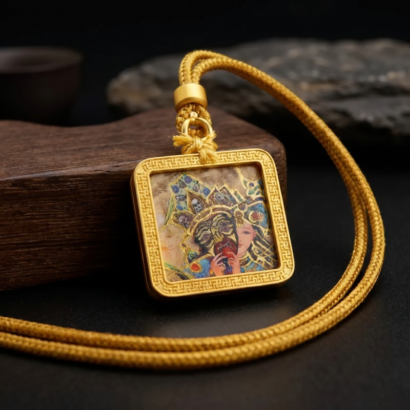 Zakiram Half-Face Art Style Hand-Painted Thangka Pendant | Tibetan Wealth & Protection Goddess Amulet thumbnail