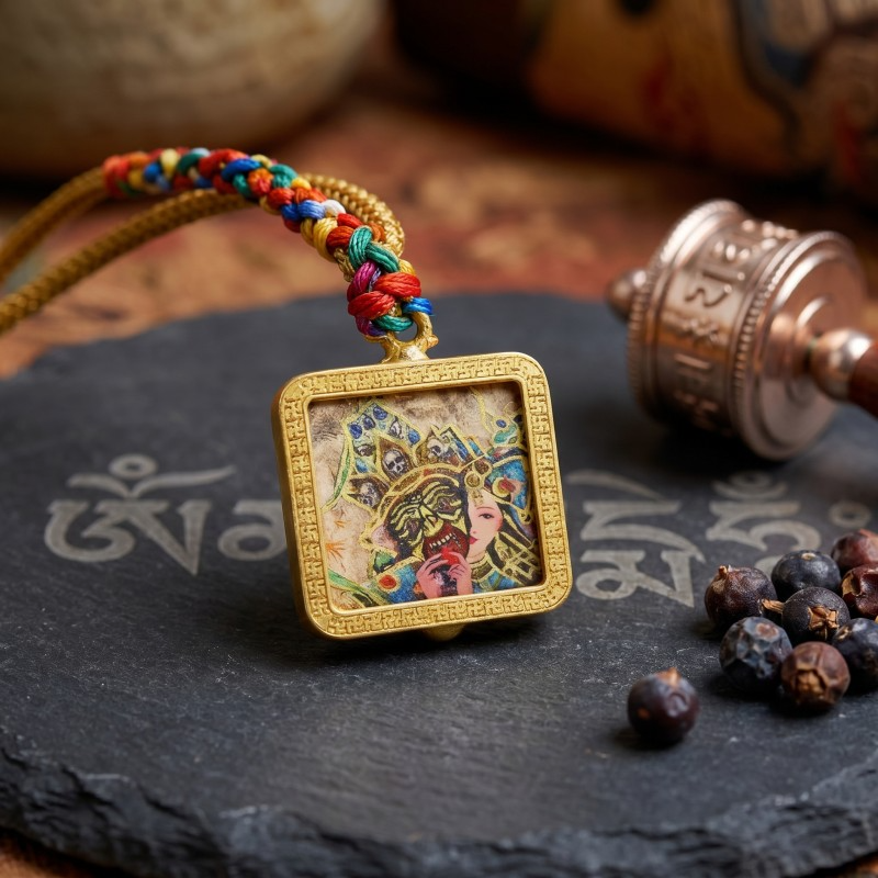 Zakiram Half-Face Art Style Hand-Painted Thangka Pendant | Tibetan Wealth & Protection Goddess Amulet thumbnail
