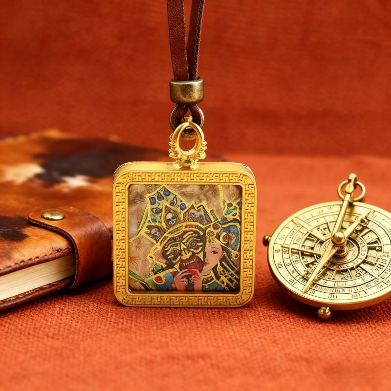 Zakiram Half-Face Art Style Hand-Painted Thangka Pendant | Tibetan Wealth & Protection Goddess Amulet thumbnail