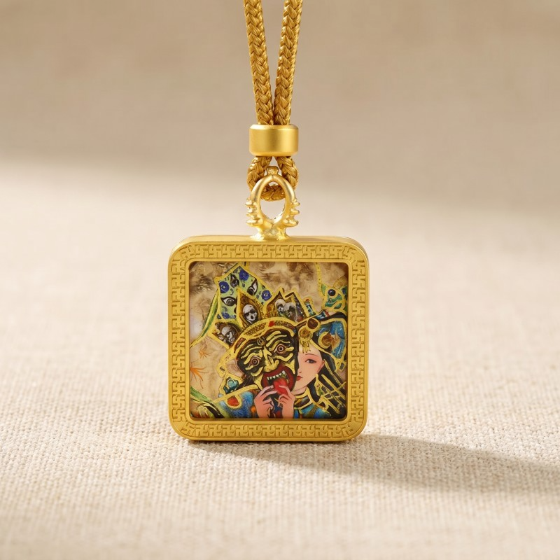 Zakiram Half-Face Art Style Hand-Painted Thangka Pendant | Tibetan Wealth & Protection Goddess Amulet thumbnail