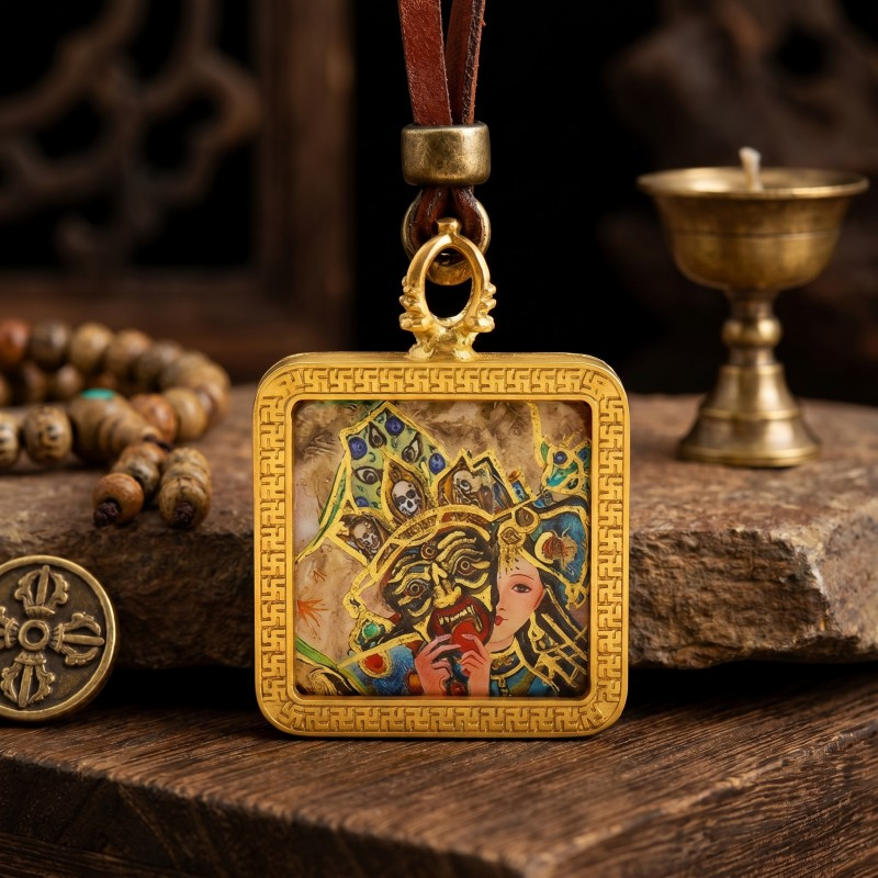 Zakiram Half-Face Art Style Hand-Painted Thangka Pendant | Tibetan Wealth & Protection Goddess Amulet thumbnail
