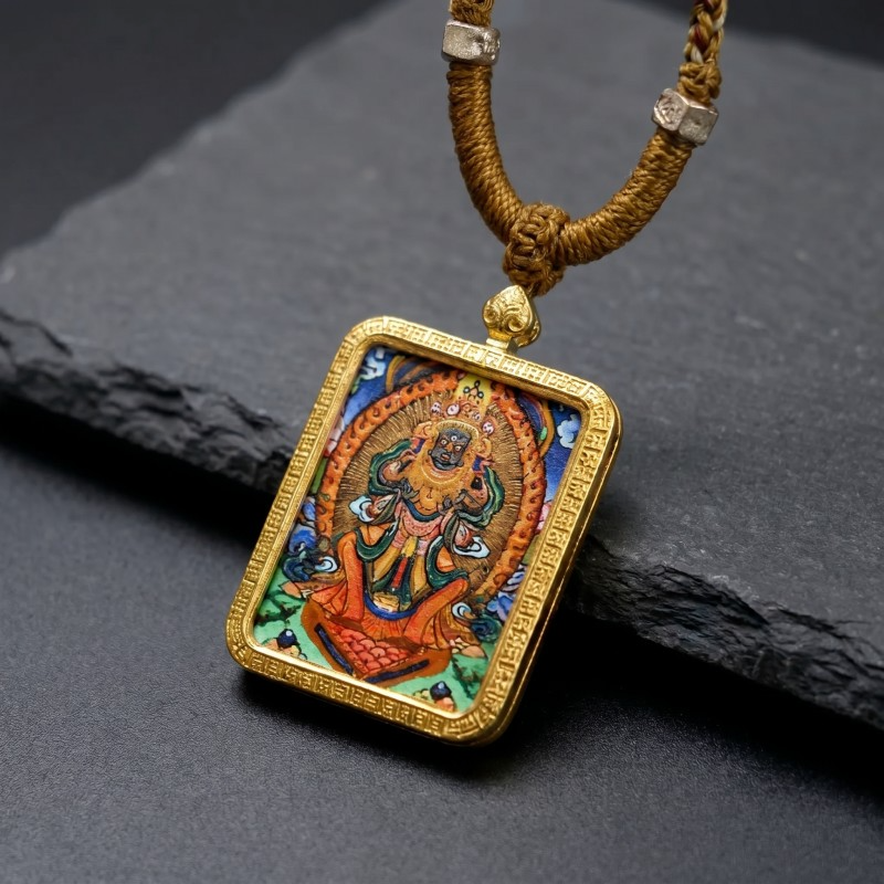 Zakiram Hand-Painted Thangka Pendant | Amulet of Prosperity, Protection & Blessings thumbnail