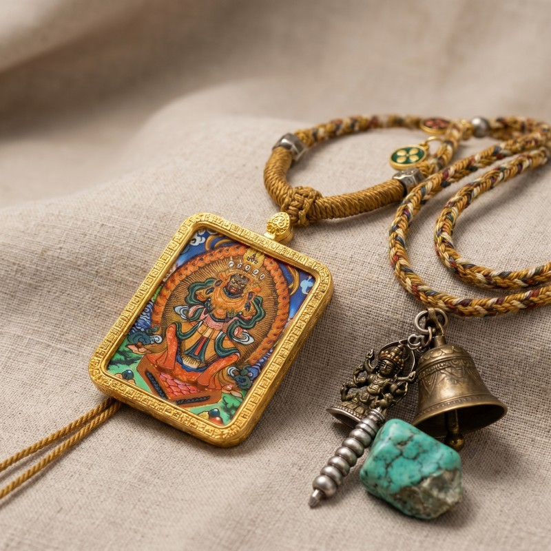 Zakiram Hand-Painted Thangka Pendant | Amulet of Prosperity, Protection & Blessings thumbnail