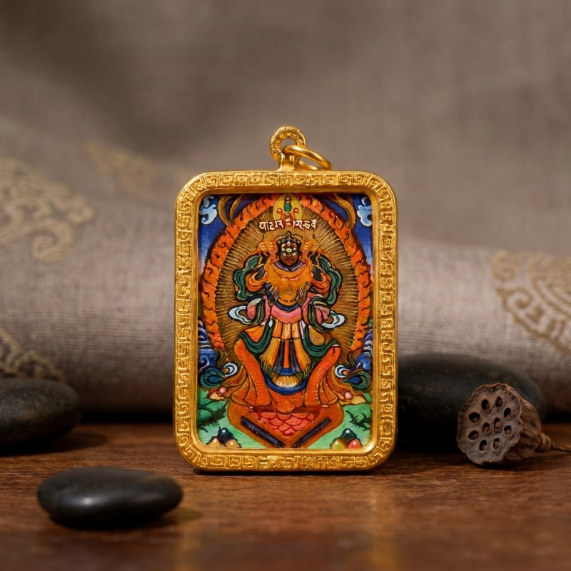 Zakiram Hand-Painted Thangka Pendant | Amulet of Prosperity, Protection & Blessings thumbnail
