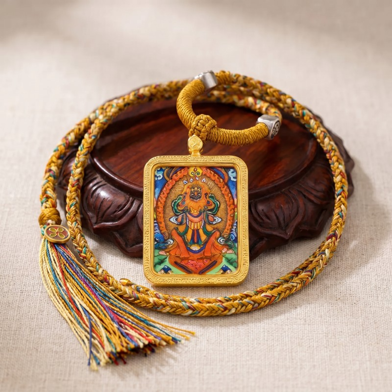Zakiram Hand-Painted Thangka Pendant | Amulet of Prosperity, Protection & Blessings thumbnail