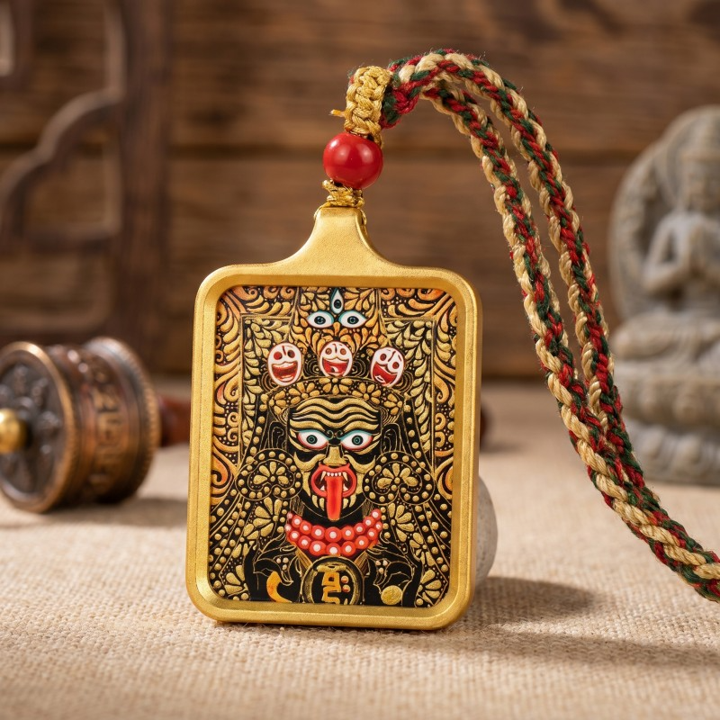 Zakiram Hand-Painted Thangka Pendant | Amulet of Prosperity, Protection & Blessings thumbnail