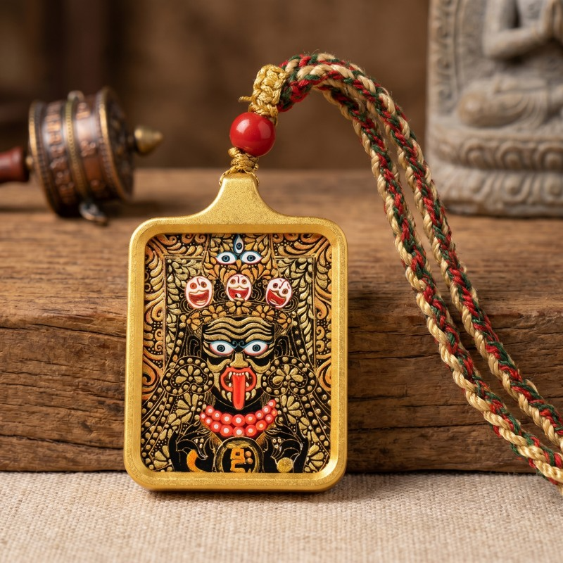 Zakiram Hand-Painted Thangka Pendant | Amulet of Prosperity, Protection & Blessings thumbnail