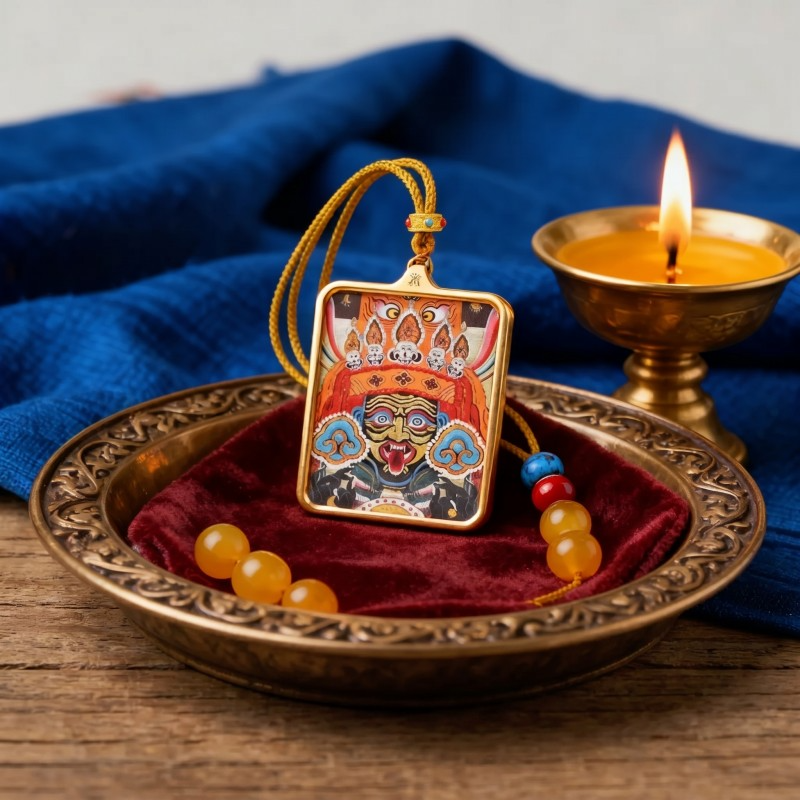 Zakiram Hand-Painted Thangka Pendant | Amulet of Prosperity, Protection & Blessings thumbnail