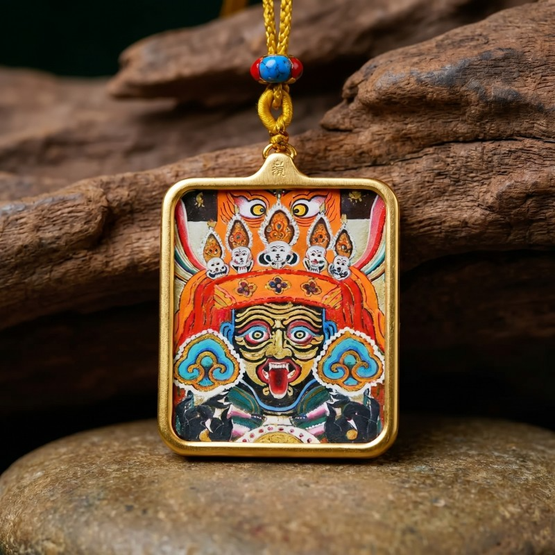 Zakiram Hand-Painted Thangka Pendant | Amulet of Prosperity, Protection & Blessings thumbnail