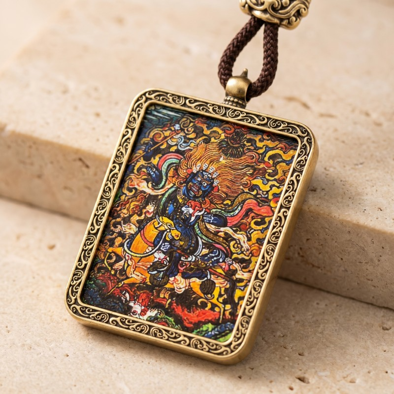 Zakiram Hand-Painted Thangka Pendant | Tibetan Goddess of Wealth & Good Fortune Amulet thumbnail