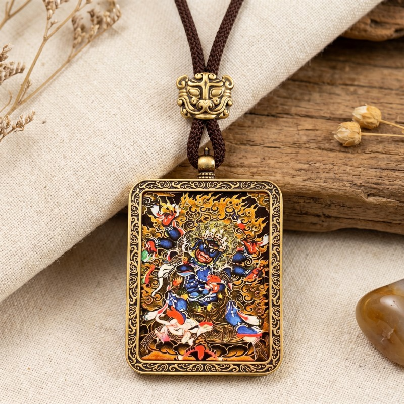 Zakiram Hand-Painted Thangka Pendant | Tibetan Goddess of Wealth & Good Fortune Amulet thumbnail
