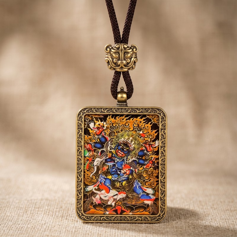 Zakiram Hand-Painted Thangka Pendant | Tibetan Goddess of Wealth & Good Fortune Amulet thumbnail
