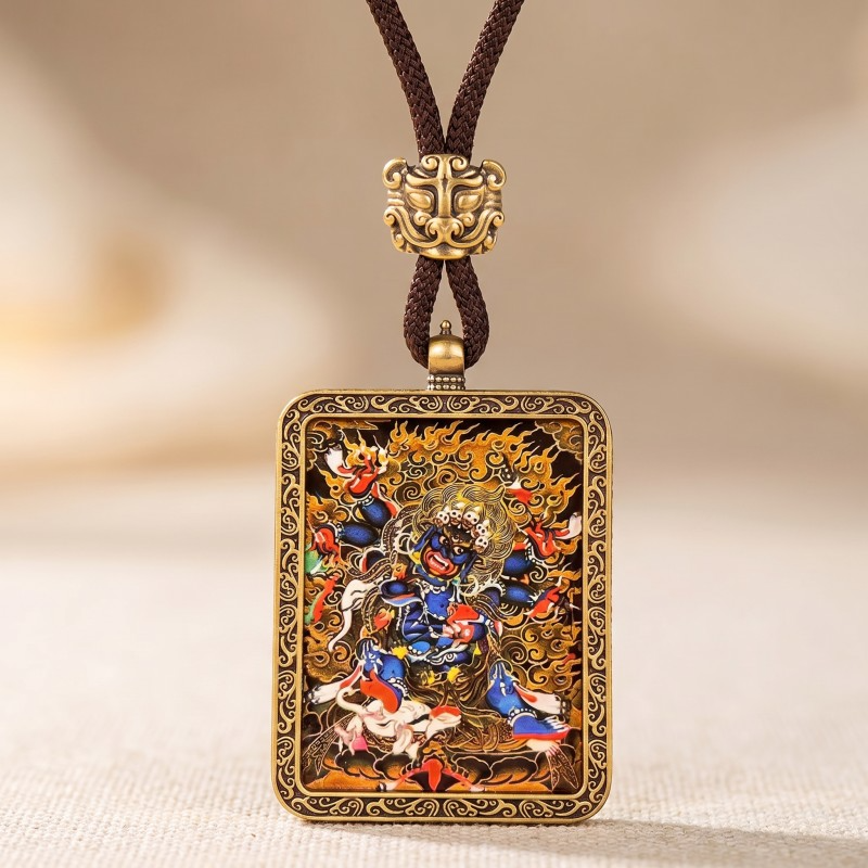 Zakiram Hand-Painted Thangka Pendant | Tibetan Goddess of Wealth & Good Fortune Amulet thumbnail