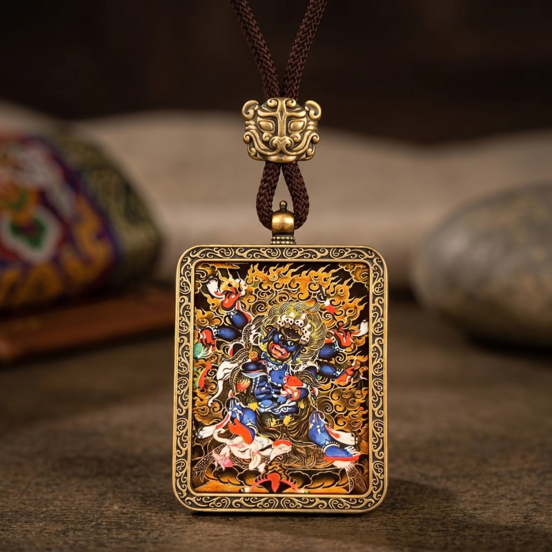 Zakiram Hand-Painted Thangka Pendant | Tibetan Goddess of Wealth & Good Fortune Amulet thumbnail