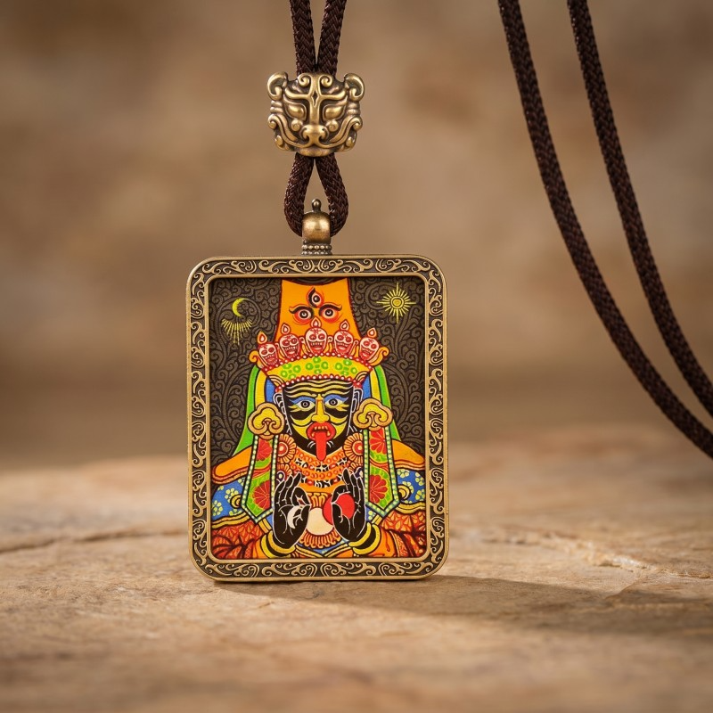 Zakiram Hand-Painted Thangka Pendant | Tibetan Goddess of Wealth & Protection Amulet thumbnail