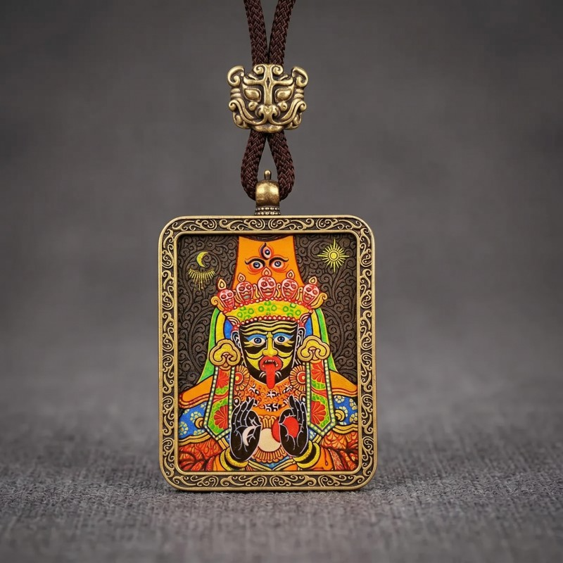 Zakiram Hand-Painted Thangka Pendant | Tibetan Goddess of Wealth & Protection Amulet thumbnail