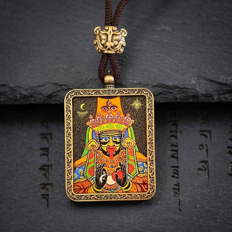 Zakiram Hand-Painted Thangka Pendant | Tibetan Goddess of Wealth & Protection Amulet thumbnail