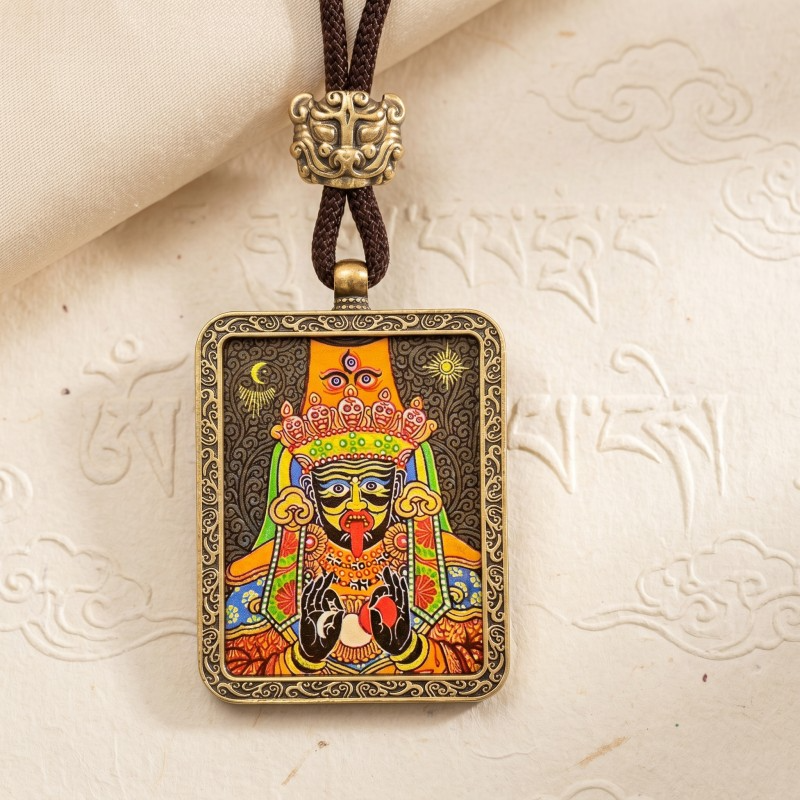 Zakiram Hand-Painted Thangka Pendant | Tibetan Goddess of Wealth & Protection Amulet thumbnail