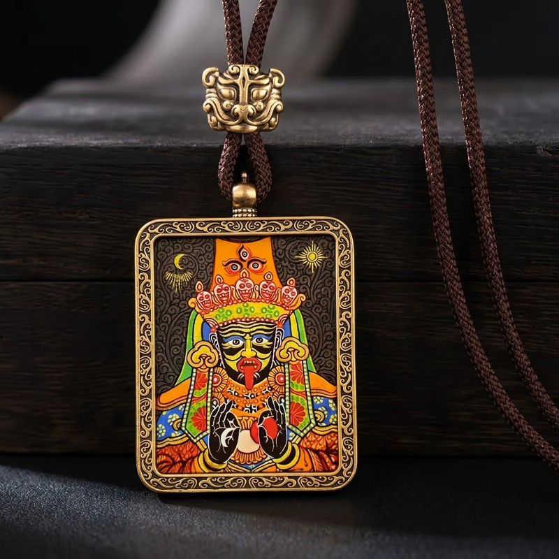 Zakiram Hand-Painted Thangka Pendant | Tibetan Goddess of Wealth & Protection Amulet thumbnail