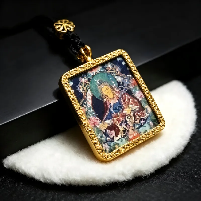 Zakiram (Zambala) Hand-Painted Thangka Pendant | Tibetan Wealth & Protection Goddess Amulet thumbnail