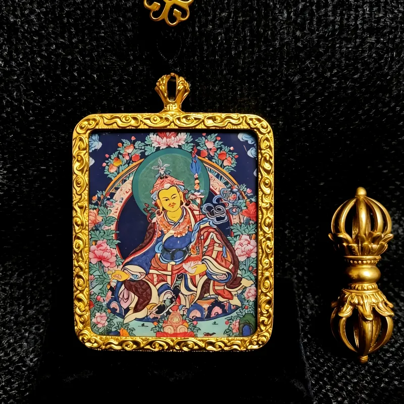 Zakiram (Zambala) Hand-Painted Thangka Pendant | Tibetan Wealth & Protection Goddess Amulet thumbnail