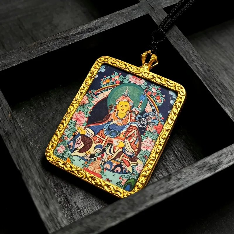Zakiram (Zambala) Hand-Painted Thangka Pendant | Tibetan Wealth & Protection Goddess Amulet thumbnail