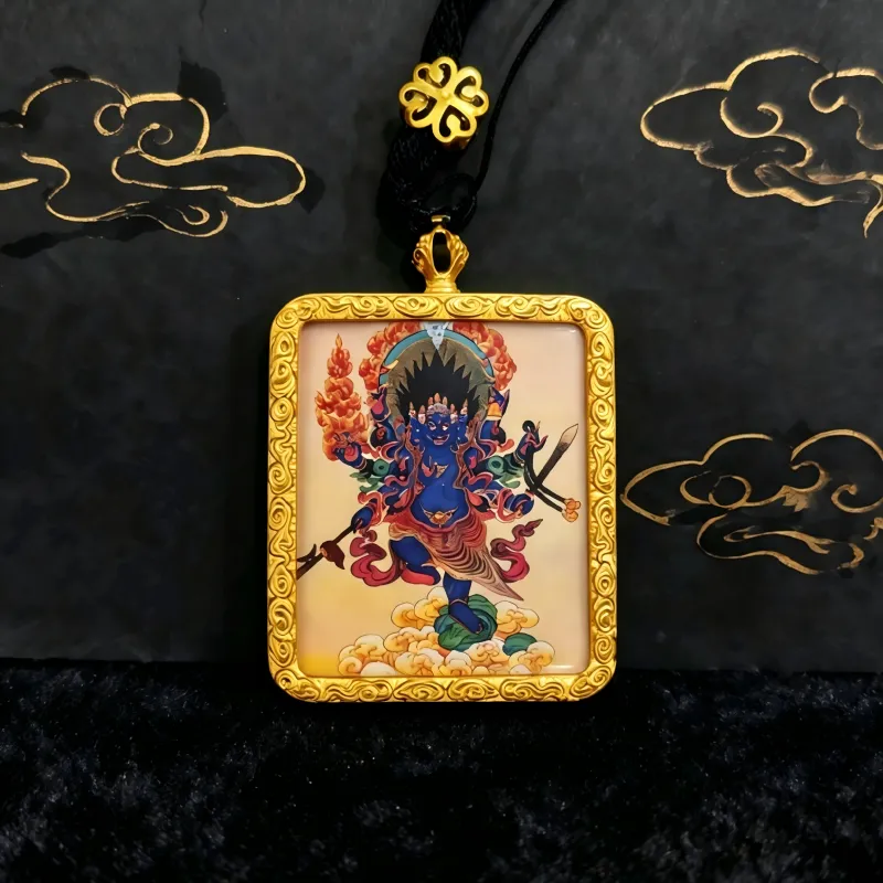 Zakiram (Zashi Lhamo) Hand-Painted Thangka Pendant | Tibetan Wealth Goddess Amulet for Prosperity & Luck thumbnail