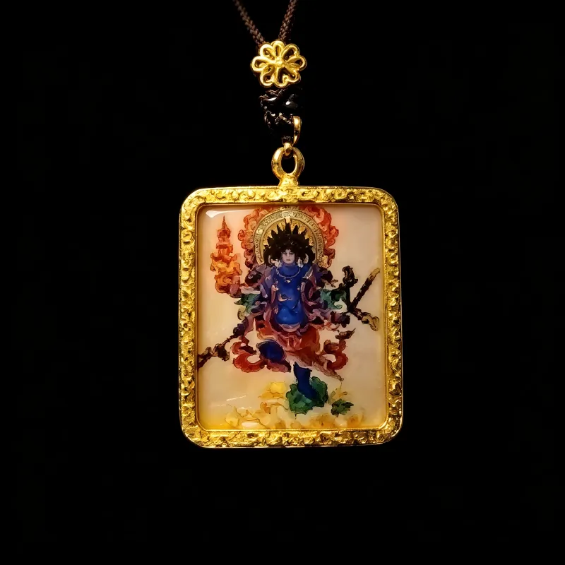 Zakiram (Zashi Lhamo) Hand-Painted Thangka Pendant | Tibetan Wealth Goddess Amulet for Prosperity & Luck thumbnail