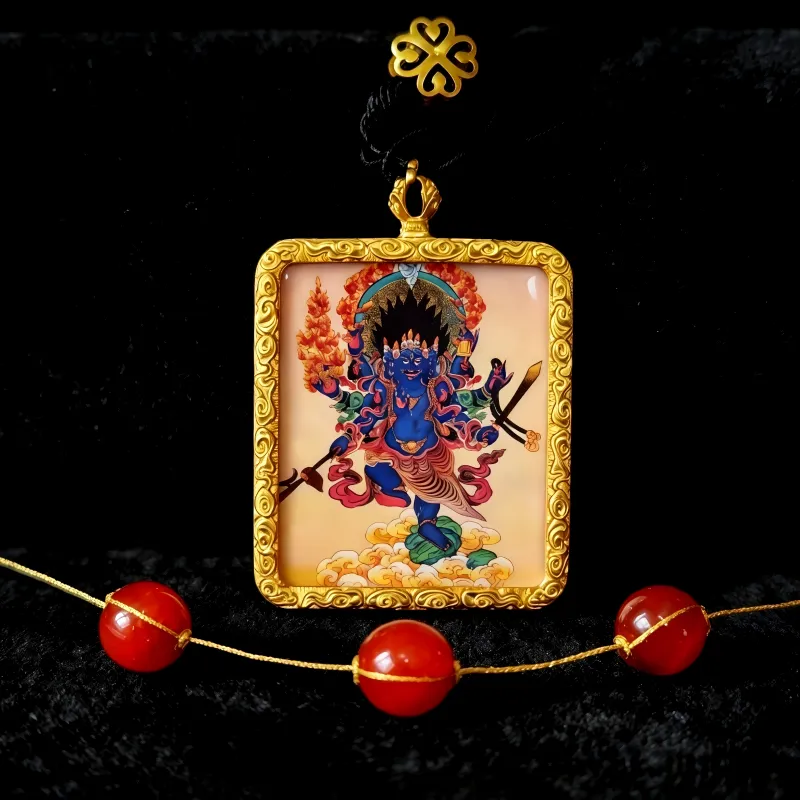 Zakiram (Zashi Lhamo) Hand-Painted Thangka Pendant | Tibetan Wealth Goddess Amulet for Prosperity & Luck thumbnail